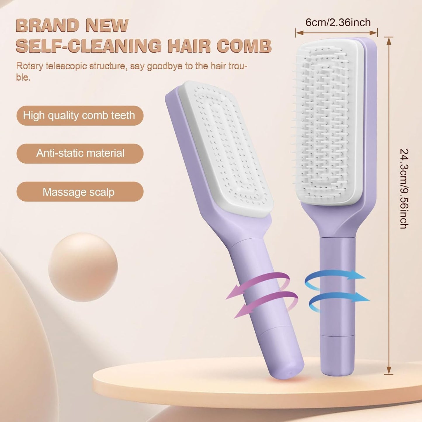 SoulPiks Self-Cleaning Detangler Brush – 4-in-1 Anti-Static Hair Massager Comb